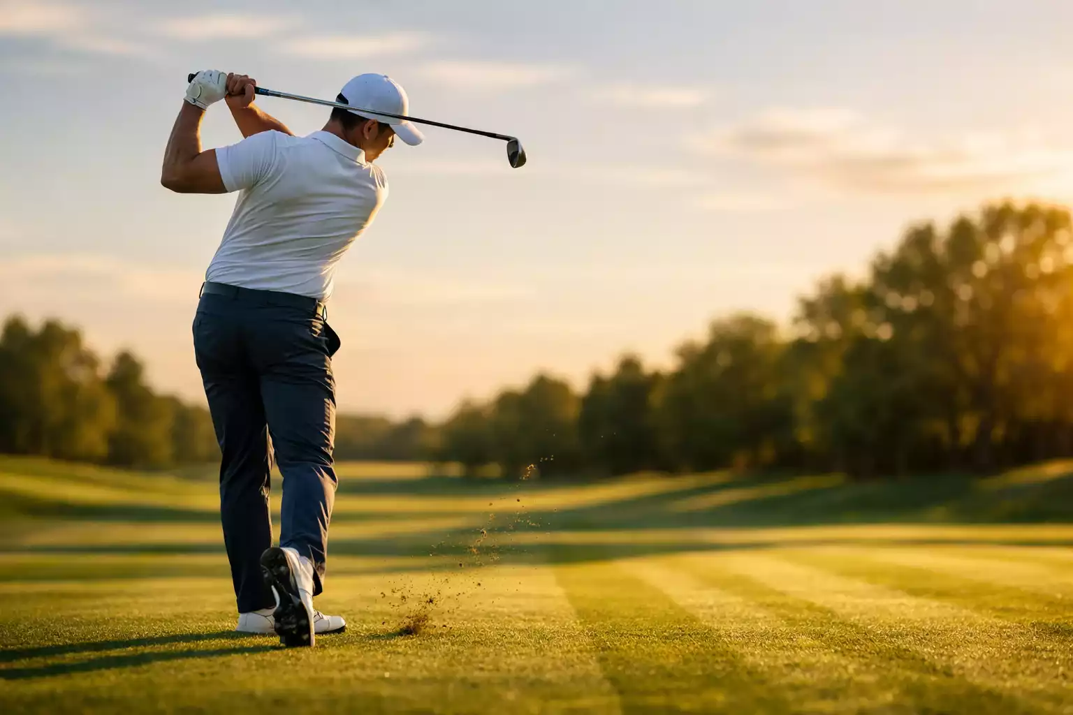 Golfspieler beim Abschlag auf einem grünen Fairway im Morgenlicht — Golf Wetten Ratgeber 2026