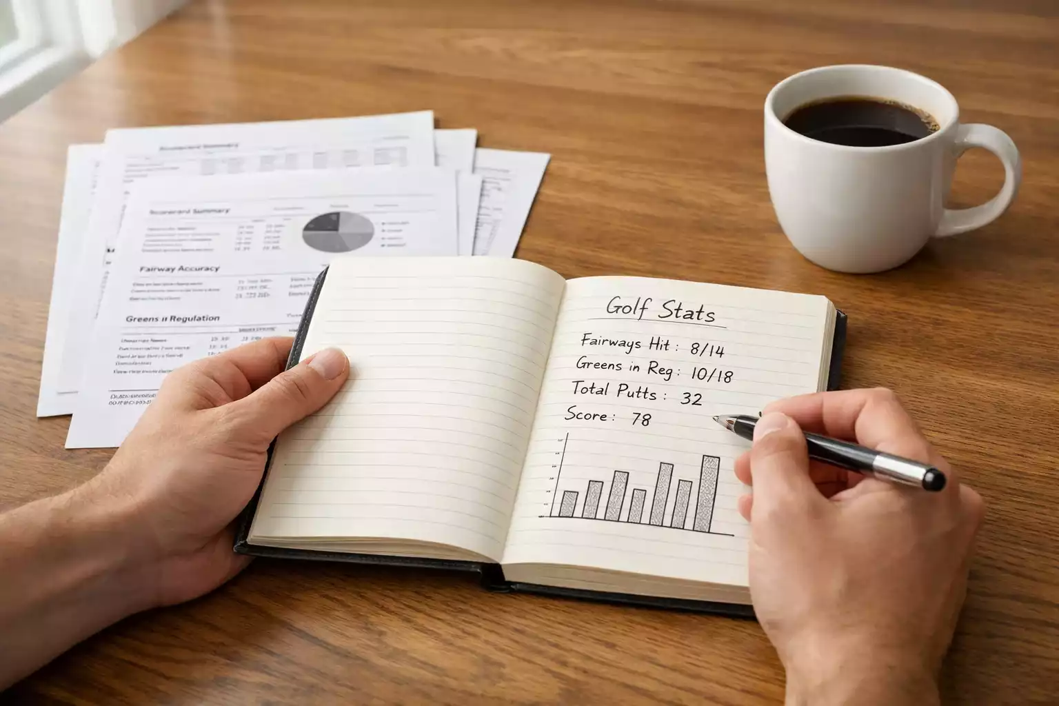 Person analysiert Golfstatistiken und Strokes-Gained-Daten an einem Schreibtisch mit Notizbuch — Strategie für Golfwetten