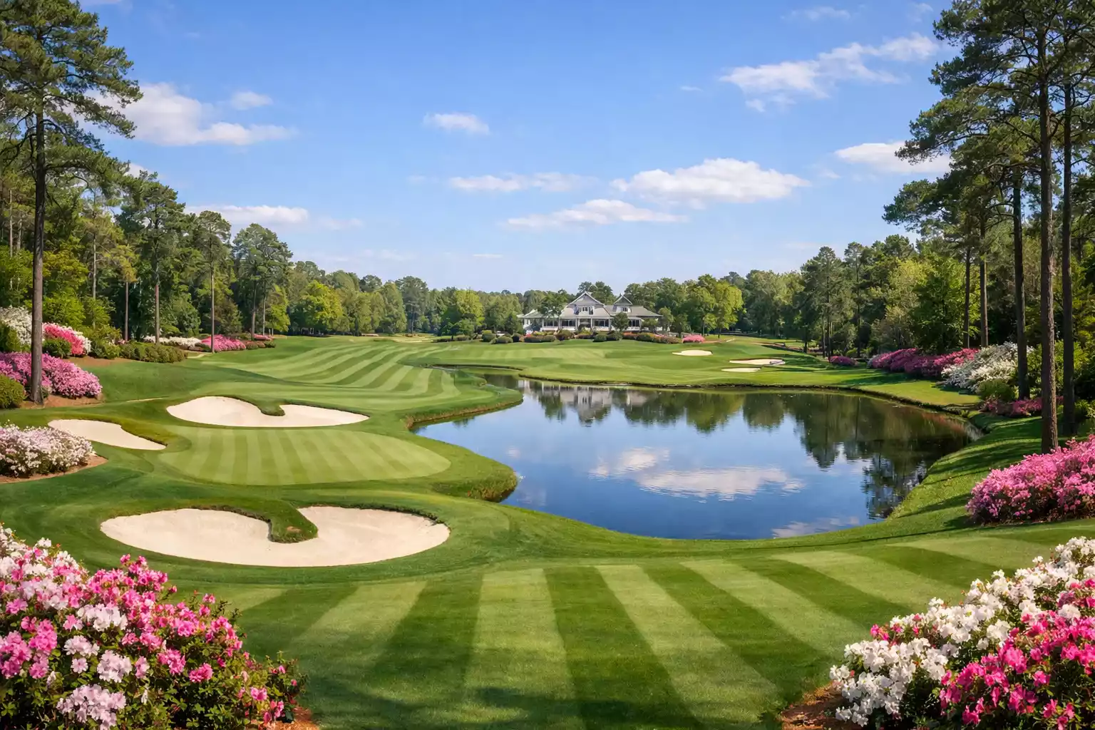Blick über einen gepflegten Championship-Golfplatz mit sanften Hügeln und Baumreihen — Die vier Major-Turniere im Golf